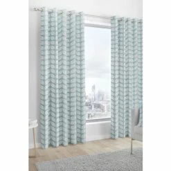 Fusion Duck Egg Blue Delft Skandi Geo Leaf Lined Eyelet Curtains