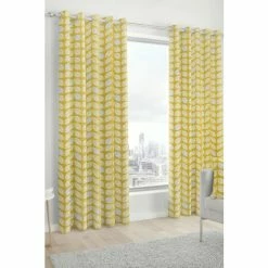 Fusion Ochre Yellow Delft Skandi Geo Leaf Lined Eyelet Curtains