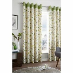Fusion Green Beechwood Leaves Eyelet Curtains