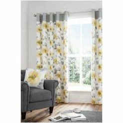 Fusion Yellow Adriana Floral Lined Eyelet Curtains